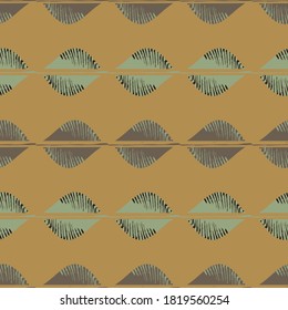 Mono print style tribal foliage seamless vector pattern background. Simple lino cut effect horiontal rows of offset leaves brown mint green backdrop. Geometric repeat.At home crafted design concept