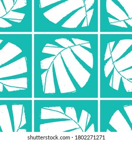 Mono print style tropical leaves seamless vector pattern background. Backdrop with textured cut out foliage in tiled geometric layout. Aqua blue white painterly design. Modern abstract repeat