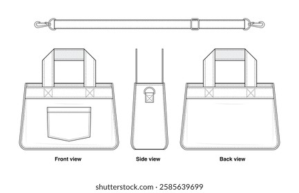 Mono Tote Technical Fashion Illustration. Mini Shoulder Bag Vector Template. Front, Side, and Back View. with Detachable Shoulder Strap, and Front Patch Pocket. CAD Mockup set.