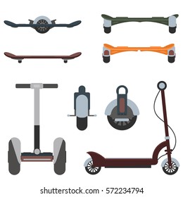 Mono wheel isolated roller scooter. Balance bikes. Different scooters eco alternative city transport. Flat design biking and rolling wheels. Push cycle gyroscooter. Kick scooter and monowheel segway.