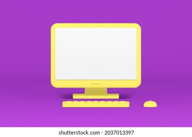Monoblock computer with keyboard and mouse 3d icon. Yellow digital gadget for work and play. Modern hardware for computing. Programming and online global surfing. Realistic isolated vector
