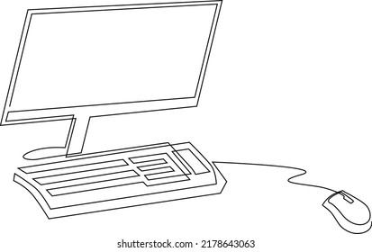 Monoblock Computer With Keyboard And Computer Mouse. Office Equipment. Vector Illustration, Continuous Line Drawing