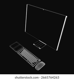 O monitor Monoblock fica sobre um plano de fundo preto, com um teclado e um mouse posicionados em cima. O design do monobloco destaca linhas limpas e uma estética wireframe.