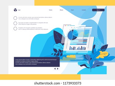 Monoblock with open browser Windows with charts and diagrams. The vegetation in the background. The main landing page of the website