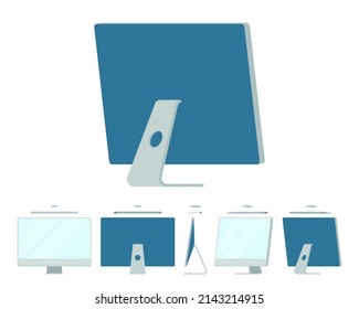 Monoblock PC, professional blue computer workstation bundle, equipment device collection. Gaming, office or freelance, study. Vector flat style cartoon set isolated, white background, different views