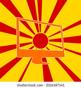 Monoblock symbol on a background of red flash explosion radial lines. The large orange symbol is located in the center of the sun, symbolizing the sunrise. Vector illustration on yellow background