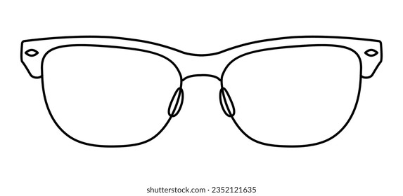 Monobrowline frame glasses fashion accessory illustration. Sunglass front view for Men, women, unisex silhouette style, flat rim spectacles eyeglasses with lens sketch style outline isolated on white