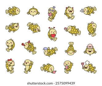 Monocentris japonica fish animal set showcasing various charming emotions and creative elements designed for kawaii cartoon character underwater illustrations and marine themes design ideas