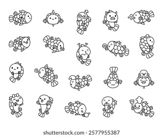 Monocentris japonica fish animal set showcasing various charming emotions and creative elements designed for kawaii cartoon character underwater illustrations and marine themes design ideas