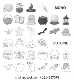 monochrom and white magic monochrom icons in set collection for design. Attributes and sorceress accessories vector symbol stock web illustration.