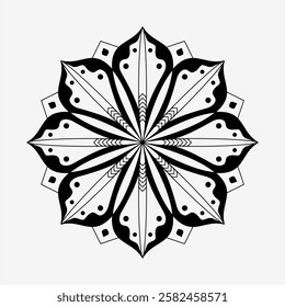 Monochromatic abstract artwork featuring a mandala design with intricate black and white patterns demonstrating symmetry and balance, perfect for meditation, design projects, or healing representation