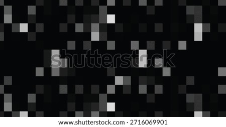 A monochromatic abstract background composed of scattered grayscale squares of varying shades on a dark background, creating a pixelated digital noise effect suitable for modern graphic design