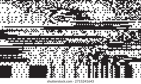 Um fundo abstrato monocromático mostra uma interação dinâmica de pixels pretos e brancos dispostos em formas geométricas, criando um efeito de ruído visual que sugere distorção digital e
