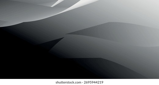 Um fundo abstrato monocromático com gradientes suaves e fluentes e formas geométricas sobrepostas. O design cria uma sensação de profundidade e movimento do escuro para a luz.