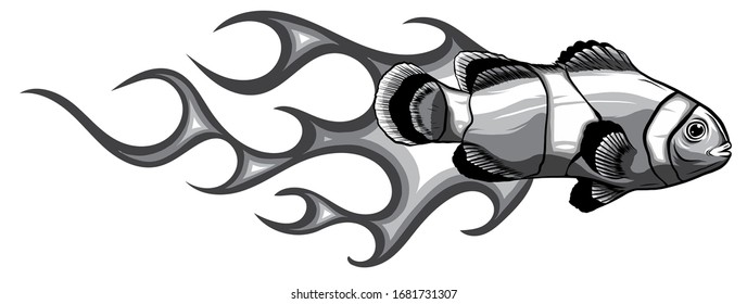 monochromatic Abstract Burning fish, Illustration vector design art