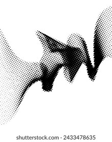 A monochromatic abstract image featuring two undulating waveforms created with a halftone dot pattern, evoking a sense of digital audio visualization or minimalist art.