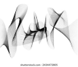 A monochromatic abstract image featuring two undulating waveforms created with a halftone dot pattern, evoking a sense of digital audio visualization or minimalist art.