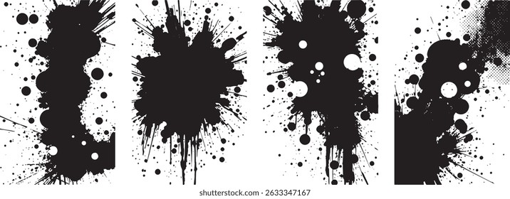 Composição de arte de Splatter de tinta abstrata monocromática em quatro painéis