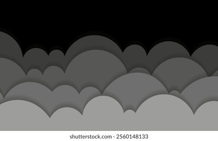 Monochromatic Abstract Layered Cloud Design with a Black Background. Abstract composition featuring layered gray cloud shapes against a stark black background,creating a minimalist and moody aesthetic