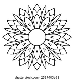 Monochromatic abstract line art featuring a symmetrical mandala design, suitable for coloring books, meditation aids, or artistic decoration, emphasizing unity and balance in artistic and