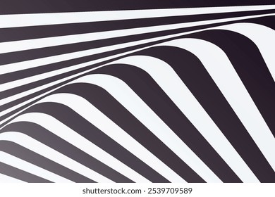 Um padrão abstrato monocromático com linhas curvas em negrito, preto e branco que criam um impressionante efeito de ilusão ótica. O design consiste em linhas suaves e onduladas que se curvam pela tela de desenho.