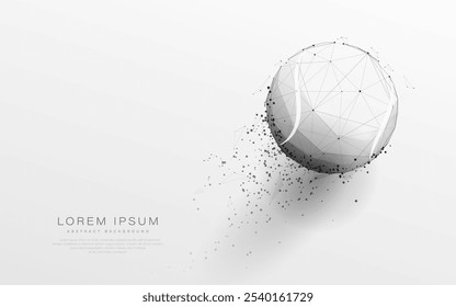 Bola de tênis de esfera abstrata monocromática com um padrão geométrico e partículas dispersando sobre um fundo branco limpo