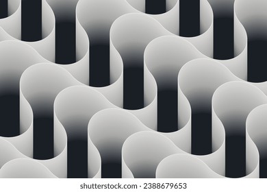 Monochromatic abstract wallpaper with a flowing pattern of smooth, wavy lines and voluminous curves creating a sense of twist and depth