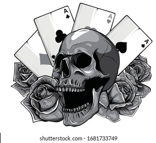 Monochromatic aces of poker and roses with skull, grunge vintage vector