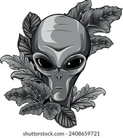 monochromatic Alien head with leaveson white background