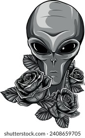 monochromatic Alien head and red roses flowers.