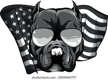 monochromatic American Pitbull Terrier dog wearing sunglasses - isolated vector illustration