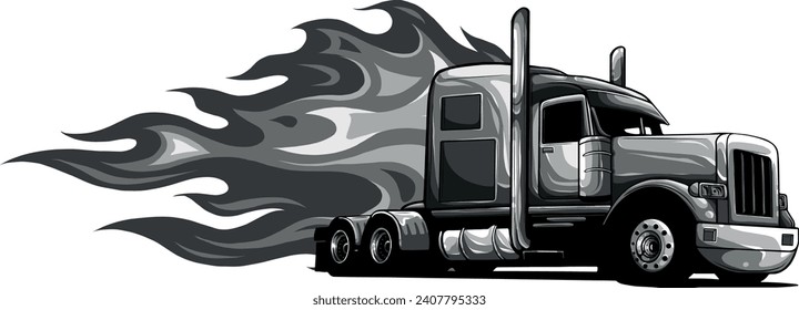 monochromatic american semi truck. Isolated vehicle with fire flame on white background.