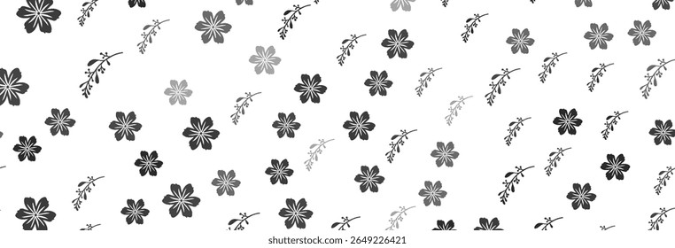 Monochromatic backdrop showcasing an array of blossoming florals and delicate sprigs in varying shades of gray against a clean white canvas, creating a minimalist botanical design