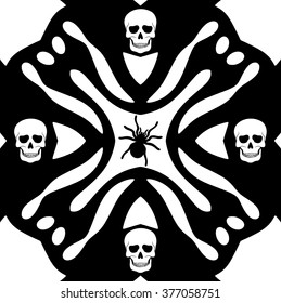 Monochromatic background with skulls ans spider silhouette on white background
