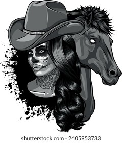 monochromatic beautiful cowgirl wearing cowboy hat and horse head