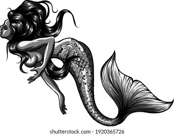 monochromatic Beautiful mermaid with. Hand drawn illustration. vector