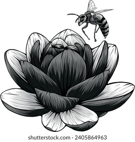 monochromatic Bee with flowers engraving style isolate on white background