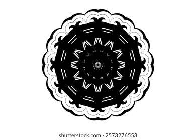 Monochromatic black mandala with swirling, balanced lines and shapes on a neutral background	
