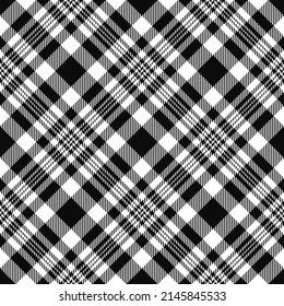 Monochromatic black and white diagonal plaid. Seamless vector check pattern suitable for fashion, home decor and stationary.