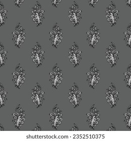 Patrón floral blanco y negro monocromático sobre fondo gris