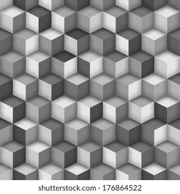 Monochromatic, Black and White, Light Gray, Cube Geometric Seamless Pattern.