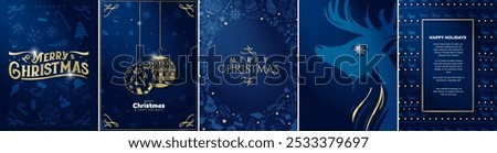 Monochromatic Blue and Gold Merry Christmas Season Greeting Posters. Golden Christmas Ornaments and typography on dark blue background with white spotlight and subtle christmas decorations. 