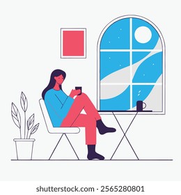 A monochromatic blue illustration depicting a young woman sitting in a thoughtful pose. Ideal for websites, blogs, or publications needing a minimalist 