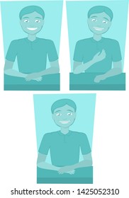 Monochromatic blue man - A series of vector drawings showing a friendly looking cartoon avatar gesturing and smiling as though talking to the viewer.