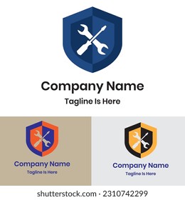 Monochromatic blue shield emblem service repair logo	