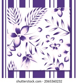 monochromatic Botanical seamless tropical pattern with purple palm leaf, frangipani flower plants and leaves on white background. Summer colorful hawaiian seamless pattern design