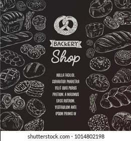 Monochromatic bread banner with text in the center. ulinary design with different kinds of baking. Vector template for bakery shop labels or menu, recipe design.