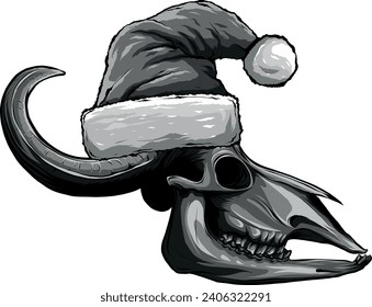 monochromatic bull skull and Santa hat on white background