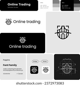 Monochromatic business logo with brand name for online trading branding. Bridge and shield icon. Design element. Visual identity. Template with poppins font. Suitable for trading, stock, investment.