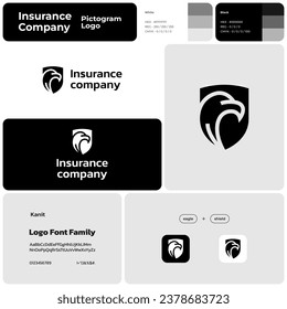 Monochromatic business logo with brand name for insurance company branding. Eagle and shield icon. Design element. Visual identity. Template with kanit font. Suitable for insurance, risk management.